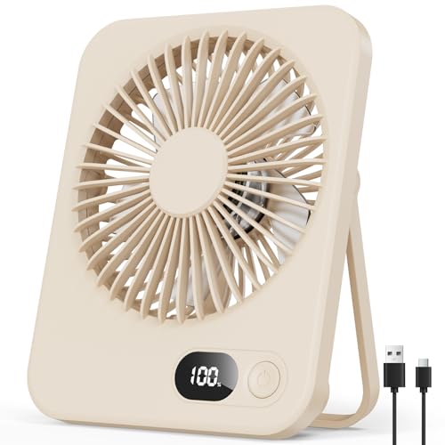 Tischventilator Kleiner - USB Ventilator mit 5 Stufen 180 verstellbar Ultra-Slim 3 8 cm LED-Display bis zu 8 Std. Laufzeit Tragbarer Mini Ventilator mit Akku für Büro Reisen Schminken Beige