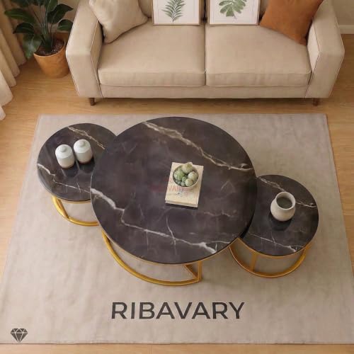 Image of Round Coffee Table Set of 3, Marble Laminated Accent Center Table with Sturdy Metal Base | Modern Foldable Nesting Stacking Tables for Living Room, Bedroom, or Apartments (Golden-Black)
