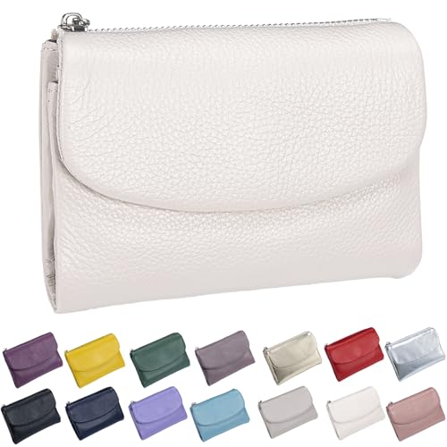 Unisex Pebble Leather Wallet, Short Genuine Leather Purse for Coins and Cards, Multicolor Bifold Pocket Clutch Bags for Women & Men (White)