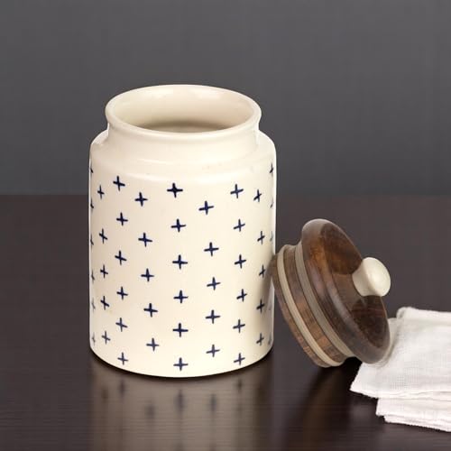 Image of Airtight Ceramic Jars (Pack of 2) - 900ml Each - Wooden Lid - Kitchen Containers for Sugar, Tea, Salt, Pickles, Pulses & More (Blue Pus)