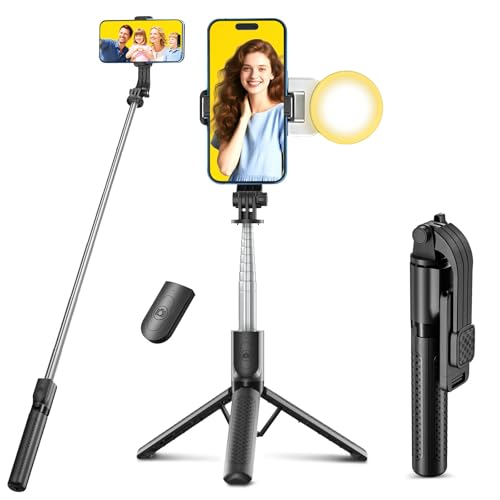 Perche à Selfie avec lumière d'appoint,Trépied Smartphone,125CM Extensible Selfie Stick Trépied de Téléphone avec télécommande détachable et trépied Stable,Compatible avec iPhone/Samsung/Huawei
