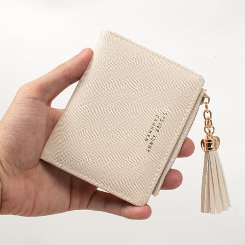 Image of KOTORA Womens Small Wallet Girls Tiny Slim Wallets Pretty Mini Card Holder Thin Short Zip Coin Purse with Love Pendant and Tassels (Beige)