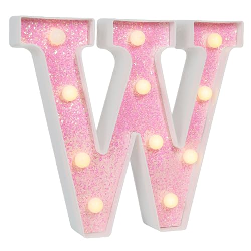 Image of Pink Glitter Marquee Light Up Letters, Battery Operated LED Letter Lights Signs for Pink Birthday Party Table Decorations, Wall Decor for Girls Bedroom, Initial Letter W with Warm White Lights