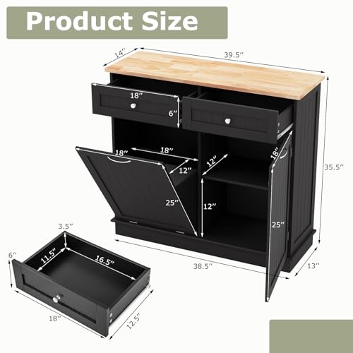 LOKO Kitchen Tilt Out Trash Cabinet, Pet Proof Trash Can Cabinet with 2 Drawers & Adjustable Shelf & Rubber Wood Tabletop, 39.5 x 14 x 35.5 inches (Black)