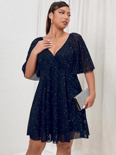 Plus Size Cap Sleeves Long Sleeves V Neck Sequins Skater Cocktail Club Dress2