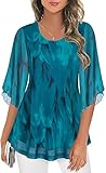 Ninedaily 3/4 Length Sleeve Womens Tops, Dressy Tunic Blouses to Wear with Leggings Summer Fashion Round Neck Hawaiian Shirts Going Out Tops Wedding Guest Dresses Party Christmas Tops 2025, Blue XXL