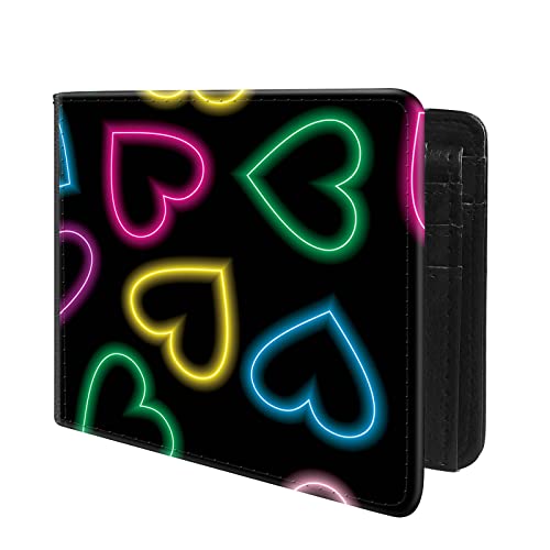(Neon Love Heart Pattern Front Pocket Slim Bifold Leather Wallet RFID Blocking with ID Window for Men