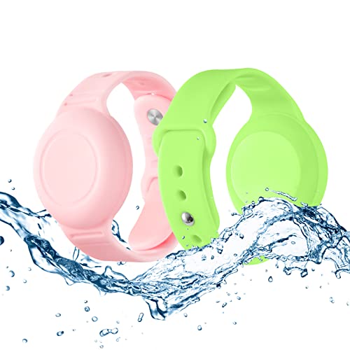 Waterproof Airtag Bracelet for Kids(2 Pack) - Soft Silicone Air tag Wristband Kids Full Case Cover Compatible with Apple Airtag, Lightweight GPS Tracker Holder for Kids (Green/Pink)
