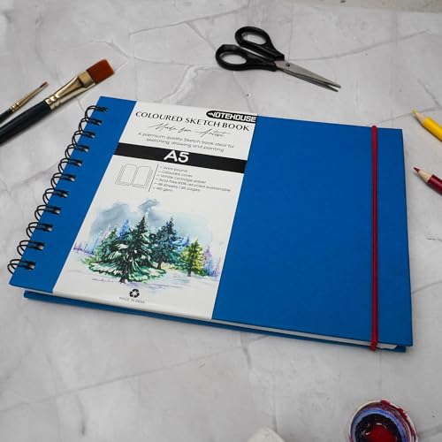 Image of NOTEHOUSE A5 Landscape Spiral Sketchbook (14x21 cm) | 96 Unruled White Thick Pages | Professional Drawing Notebook | Blue Hard Cover Art Book for Artists & Students