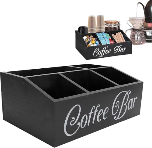 Black Wooden Coffee Station Organizer, 5 Compartment Countertop Coffee Pod Holder & Condiment Storage Basket, Multi-Functional Tea Organizer Bar Decor for Coffee Bar Accessories by DUUKFE - Image 9