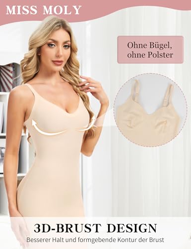 MISS MOLY Unterkleid Damen Shapewear Nahtloses Shape Kleid Sexy Bauch Weg Figurformende Unterwäsche mit Trägern Miederkleid Shaping Full Slips(Beige,L)