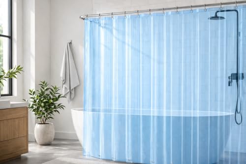 Image of EHZNZIE Clear Blue Shower Curtain Liner 72x72, PEVA Waterproof Bath Curtain, No Chemical Smell, 3 Weighted Magnets, Durable with Rustproof Metal Grommets