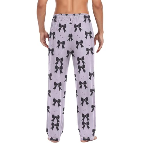 Men’s Black Bows Pajama Pants with Pockets, Comfortable Lounge Sleep Bottoms#5532