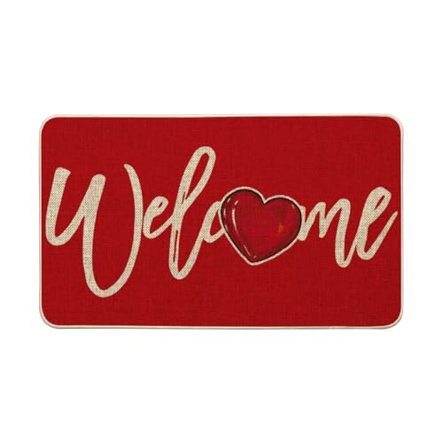 Artoid Mode Red Welcome Love Heart Valentines Day Doormat Home Decor Low Profile Switch Rug Door Mat for Indoor Outdoor 17×29 Inch