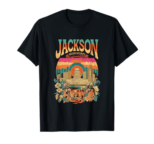 Vintage Jackson Mississippi Sunset Skyline Cityscape T-Shirt