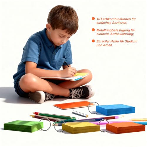 1200 Stück A8 Karteikarten Liniert, 10 Farben, Doppelseitig Beschreibbar, Karteikarten mit 6 Metallringen und Kraftpapier-Deckblättern für Studium, Büro & Organisatio(7.4X5.1CM)