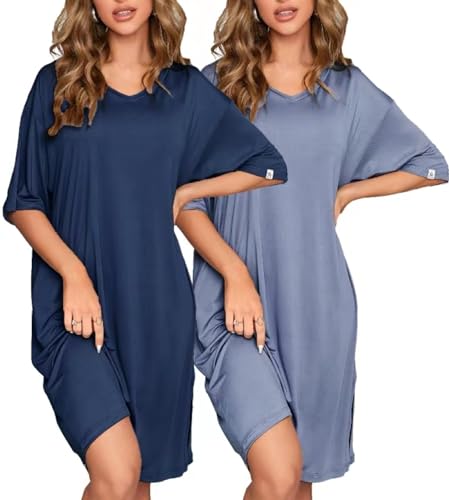 Image of ft FENTENG 2-Pack Women's Nightgowns Short Sleeve Nightshirt V Neck Soft Sleepwear Casual Sleepshirts Loose Pajama Dress