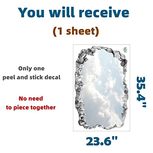 Royolam 34.6'' X 22.4'' White Cloud Sky Wall Decals Living Room Large 3D Broken Wall Wall Stickers Removable Peel And Stick Waterproof Wall Art Decor Stickers For Ceiling Bedroom Bathroom Office #TOP3