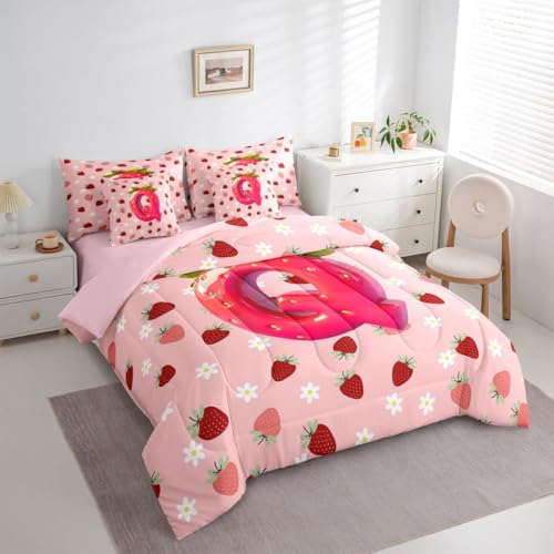 Image of Feelyou Girls Cute Strawberry Comforter Set with Sheets 7 Piece Twin Size Pink Strawberry Bedding Set for Kids Boys Girls Initial Letter Bed in a Bag Room Decor Soft Lightweight Microfiber