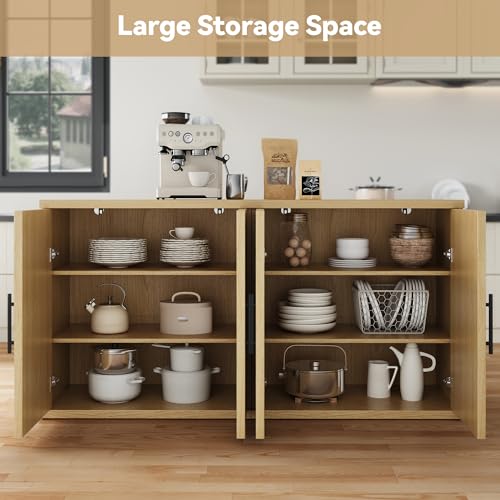Image of MapleGrace 63 inch Fluted Buffet Cabinet, Oak Credenza with Adjustable Shelf