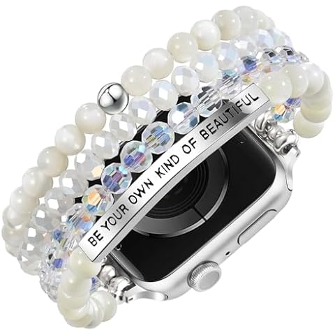 V-MORO Beaded Bracelet Compatible With Apple watch bands 44mm/45mm/42mm Women Handmade Fashion Cute Crystal Elastic Stretchy iPhone Watch Strap for iwatch Series 9/8/7/SE/6/5/4/3/2/1-Shell White Cover
