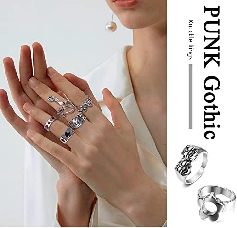 MILACOLATO Gothic Rings Set for Women Men, 16/30/42Pcs Vintage Punk Rings Set, Cool Silver Boho Snake Claw Ying Yang Butterfly Chunky Knuckle Rings Open Adjustable Goth Stackable Rings Jewellery