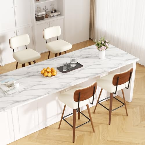 Image of Swivel Bar Stools Set of 4, 26 inch Faux Leather Upholstered Counter Height Barstools with Back & Bentwood Legs, Mid Century Modern Bar Chairs Island Stools for Kitchen Counter, Cream White