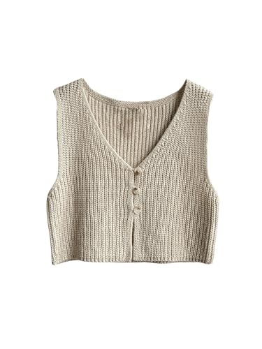 SweatyRocks Women's Button Front Sweater Vest Split V Neck Sleeveless Crop Knit Tops