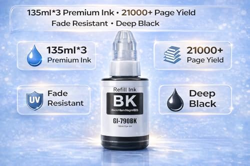 Image of ROHINK GI-790 Series Refill Ink, Compatible with G1000, G1010, G1100, G2000, G2002, G2012, G2100, G3000, G3010, G3012, G3100, G4000, G4010 Printers 3 in1 Pack (Canon 135ml*3 Black)