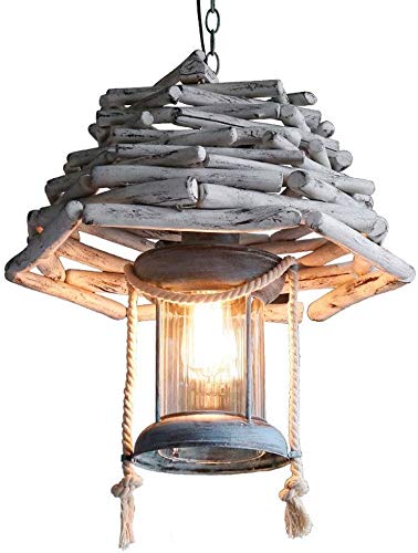 Lustre bois rétro américain luminaire industriel suspension lanterne verre E27 pour plafond salon