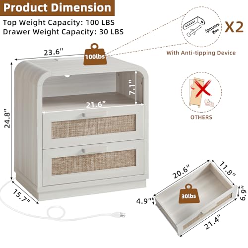 Image of LEYAOYAO Rattan Night Stand with Charging Station, Grey White | 23.6 inch Curved 2 Drawers Nightstand with Storage Shelf & Solid Handle, Boho Bedside Tables for Bedroom, Living Room
