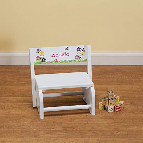 Fox Valley Traders Custom Children's 2-in-1 Step Stool and Chair, White Wood, Butterfly & Flower Design with Custom Name