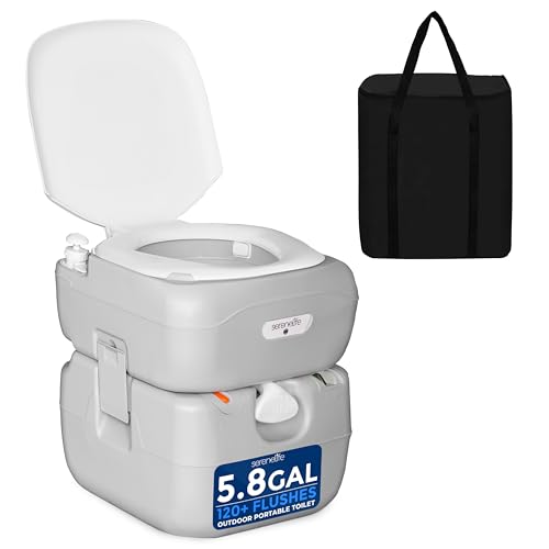 SereneLife 5.8 Gal Portable Toilet for Adults – Leak-Proof Camping Toilet with Detachable Waste Tank, Flush System, Level Indicator, Carry Bag & Hand Sprayer for RV, Tent, Hiking, Travel & Home Use