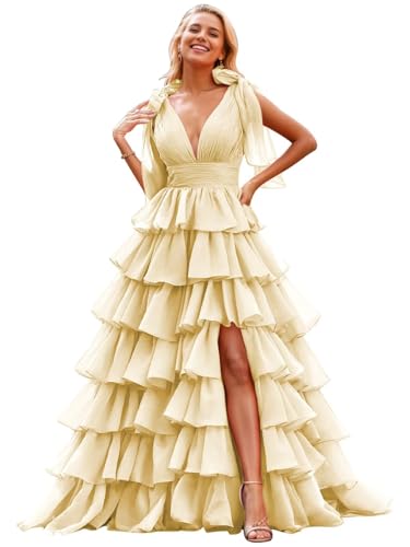 Image of TORYEMY Tiered Tulle Prom Dress Long Ball Gown Deep V Neck Formal Evening Dresses with Slit Ruched for Women
