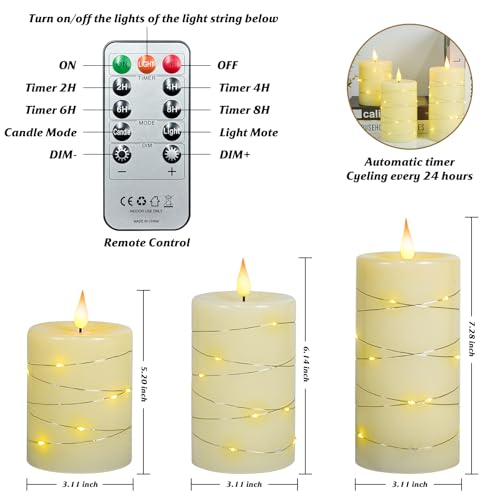 Image of 3Pcs LED Flameless Pillar Candles for Home Wedding Decor | 3D flickering flame, built‑in remote timer. 4 inch /5 inch /6 inch hemp rope LED candles, battery‑powered for indoor decor.