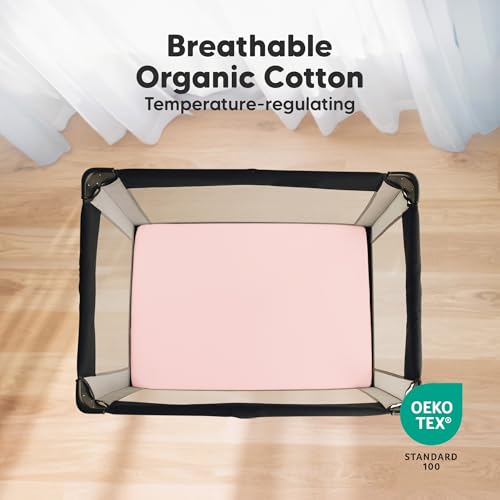 Image of 2-Pack Mini Crib Sheets Fitted - 38x26 Pack N Play Sheets for Pack and Play Mattress, Organic Cotton, Soft & Breathable Playard Bedding, Neutral Mini Toddler Bed Cover for Boys, Girls (Mist Rose)