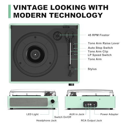 Image of Record Player with Speakers Turntable for Vinyls Records Belt-Driven Turntables LP Vinyl Players Support Auto Stop 3-Speed 3 Size Wireless Playback Headphone AUX RCA Line Out New Sleek Mint Green