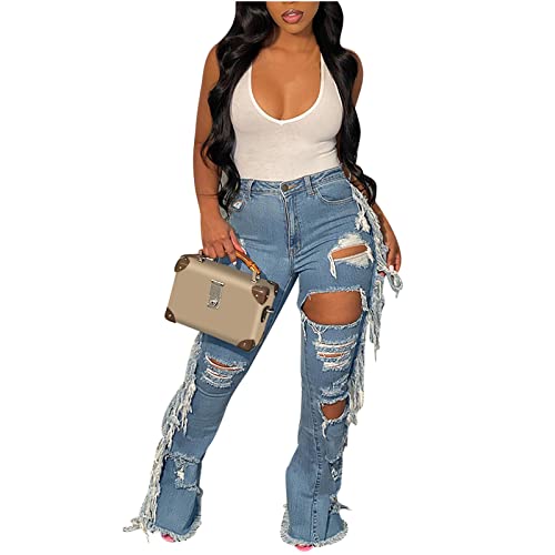 HGps8w Women's Skinny Tassel Jeans High Waisted Ripped Destroyed Denim Pants Cut Out Fringe Flare Jeans Trousers