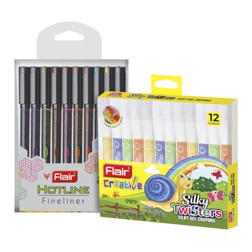 Image of Flair Creative Series 10 Vibrant Colorful Shades Hotline Fineliner & 12 Multicolor Shades Silky Gel Crayons Combo | Ideal for Drawing, Mandala, Sketching, Doodling, Journal, Coloring