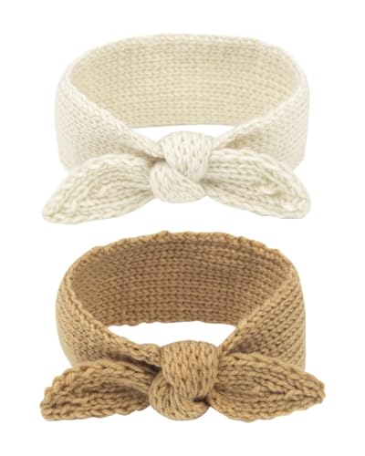 Image of Fmeida Baby Girl Headband Warm Rabbit Knot Headband Bows for Baby Girls Knit Hair Band Head Wrap for Toddler and Children 2PCS&White Camel