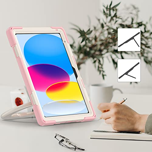 新型 iPad 第10世代 2022 10.9インチ ケース 360°回転ベルト スタンド ペンシル収納 虹色 レインボー 耐衝撃 iPad 10 （2022）ケース キッズ かわいい 軽くて丈夫 子供 持ち手付き 肩掛け 斜め掛け 落下防止 ショルダーストラップ リング付き (ローズ金)