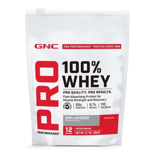 GNC Pro Performance 100% Whey Protein Powder 2.0, Fast Absorbing for Muscle Strength and Recovery, Unflavored, 12 Servings