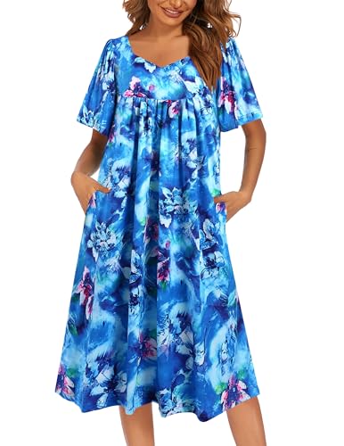 Image of Ekouaer Women's House Dress - Pleated Nightgown with Short Sleeves & Pockets