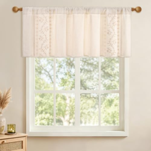 Image of Yinhua Boho Valances for Windows Beige Embroidered Floral Valance Curtains, Farmhouse Light Filtering Window Valances Rod Pocket Kitchen Valance Curtains for Living Room, Bathroom, 52 inch W x 18 inch L