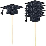 MixTeach 12 Pieces Double Sided Glitter Graduation Centerpiece Sticks, Grad Caps Centerpiece Sticks for Class of 2022 High School College Graduation Party (Black, 12pcs)