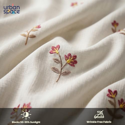 Image of Urban Space Cotton Sheer Curtain Pack of 1, Embroidered Semi Transparent Window Curtains 5 feet for Living Room, Bedroom & Balcony, 1 Pc Curtain with Eyelets and Tieback (Neerja Dark Pink - 5 feet)