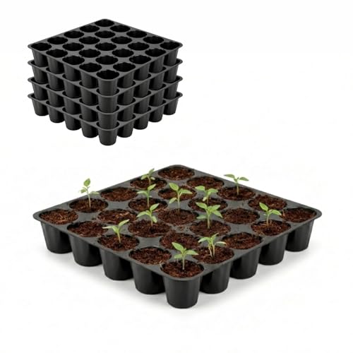 Image of SJ Organics Seedling Tray for Plants - Pack of 5 (25 Cells Each) | Reusable Germination Tray with Drainage Holes | Plastic Nursery Tray for Seed Starting & Indoor Gardening