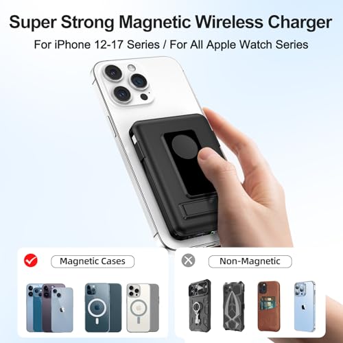 Vexnara para Magsafe Powerbank, 10000mAh Magnético Bateria Externa Carga Rapida, Inalámbrica Bateria Portatil con Cables, Bracket y Pantalla LED para iPhone 17-12 Series et Apple Watch Series(Negro) - imagen 6