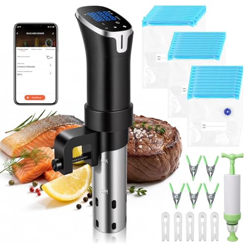 Sous Vide Machine WiFi Sous Vide Cooker Set 1100W Cooking Machine Ultra Quiet LED Precision Immersion Circulator Temperature(25℃~92.5℃) & Timer Control IPX7 Waterproof