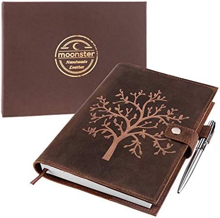 Refillable Leather Journal Lined Notebook - Embossed Tree of Life MOONSTER® Handcrafted Genuine Leather Notebook for Men & Women with Pen Holder Includes Premium-Milled A5 Lined Paper & Silver Pen